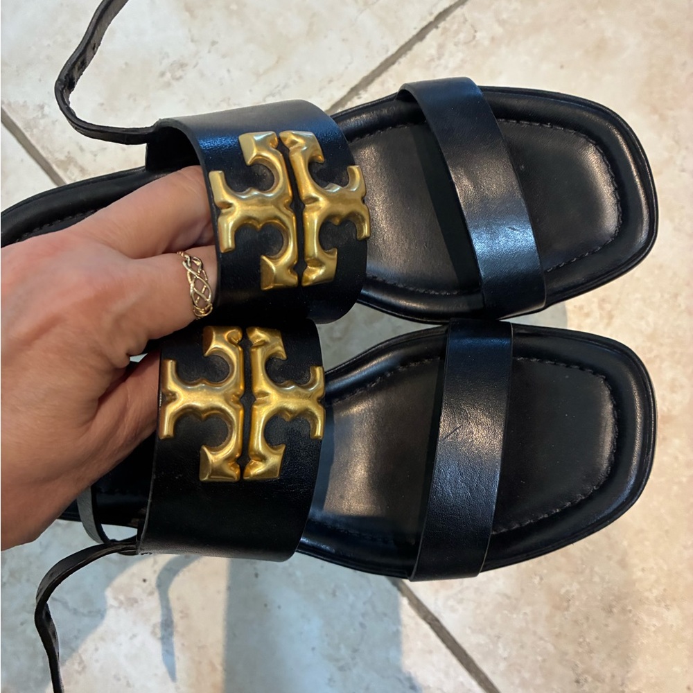 Tory Burch Black Sandals with Gold Emblem - Picture 2 of 4
